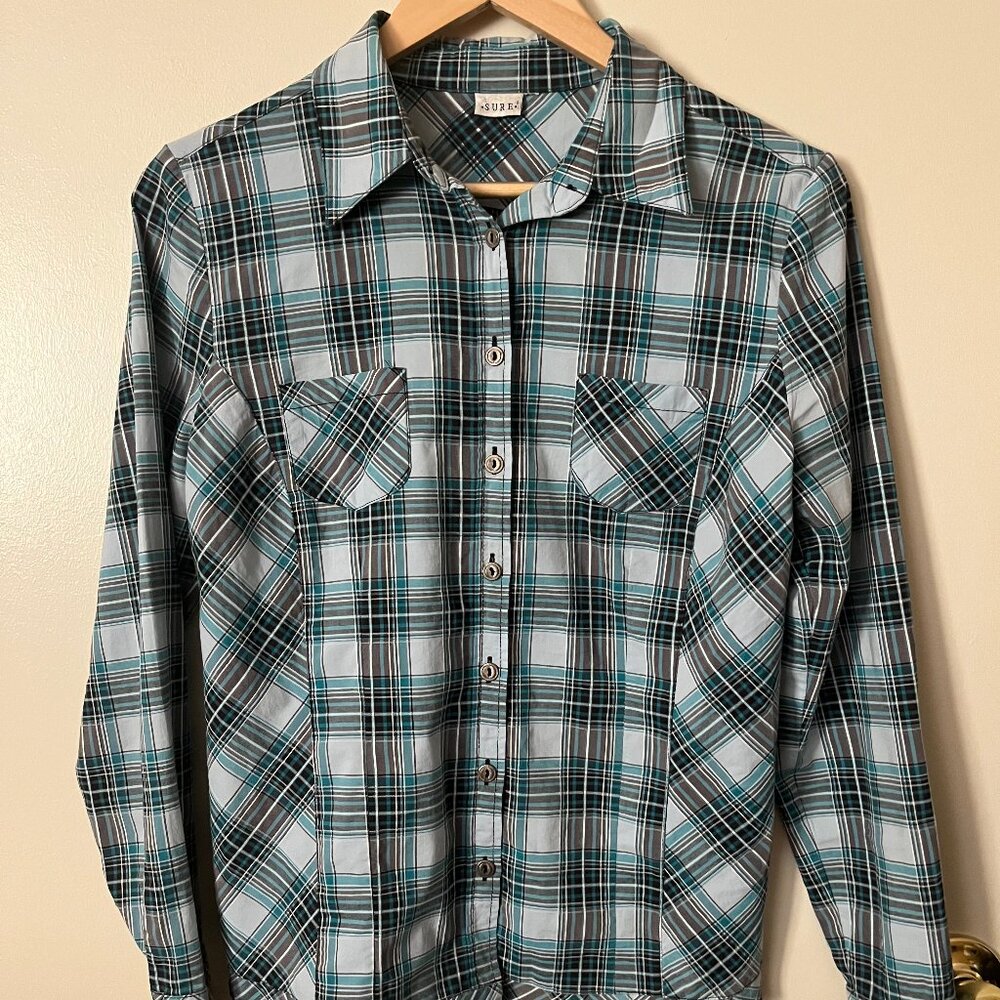 Turquoise & Brown Checkered Blouse - Size M (EU 40) - Cotton Blend